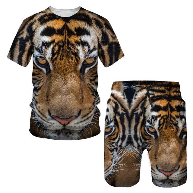 Tricou/costumul cu imprimeu 3D The Tiger, cu mâneci scurte, cu gâtul O, pantaloni de plajă pentru bărbați, set de 2 bucăți, îmbrăcăminte sport pentru cuplu, pantaloni scurți de înot