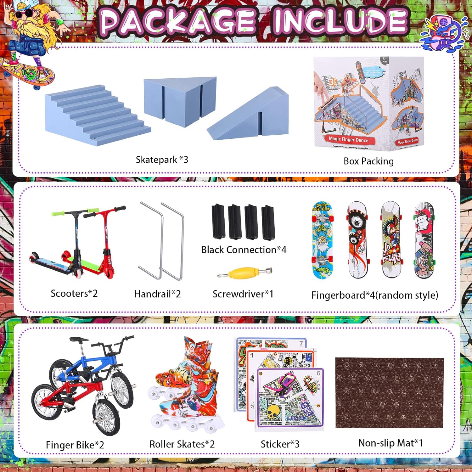 Civaner Fingerboard Skatepark Set 24 Pcs Mini Finger Toy with Finger Skateboards Ramp, Finger Bikes, Finger Scooter, Finger Skates for Skate Lovers