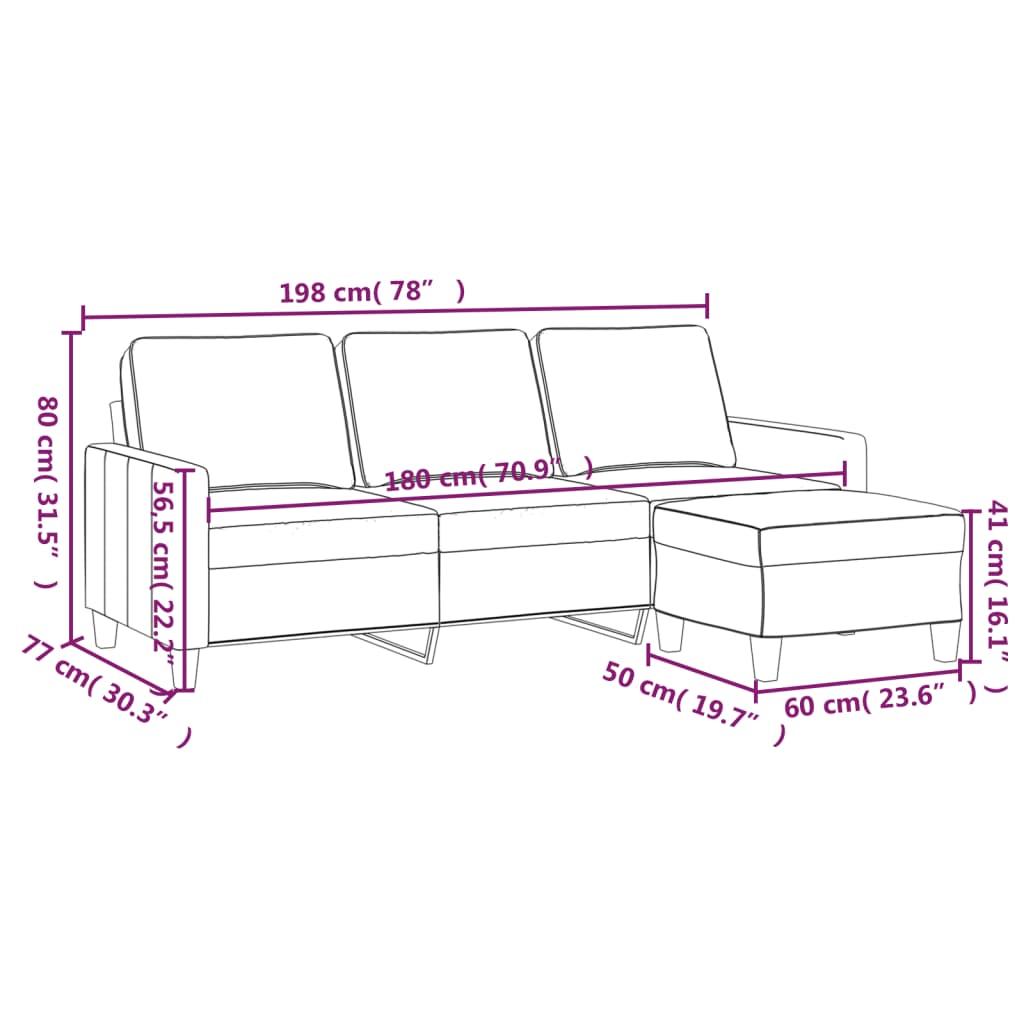 Vidaxl 3-Seater Sofa with Footstool, Light Gray, 180 Cm, Fabric