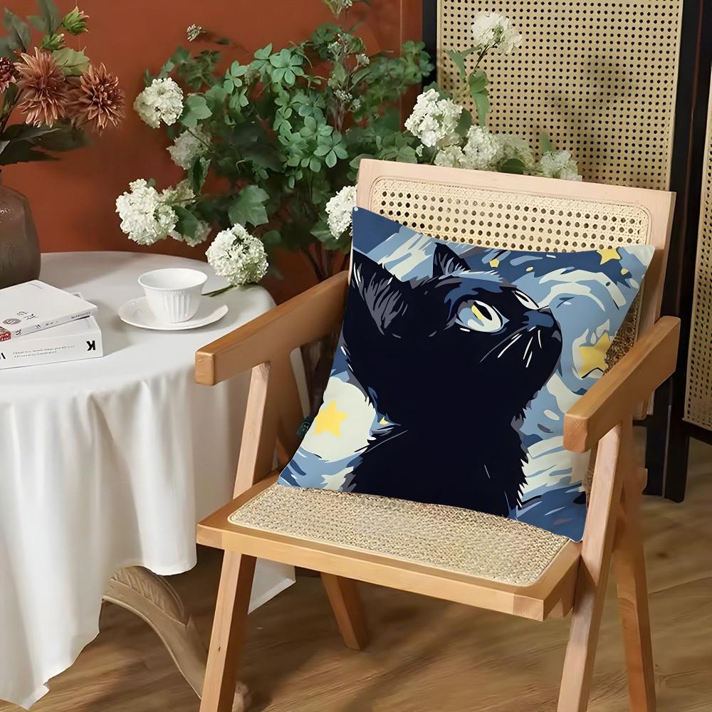 Art Sky Night Cat Cushion Cover Silky Short Plush Invisible Zipper Dustproof Sofa Pillow Case for Home Decor