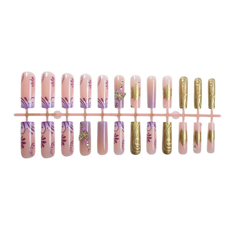 Popular European & American press on nails, long water pipe, gold-purple leopard print, diamond butterflies. 24pcs finished false nails for wholesale.