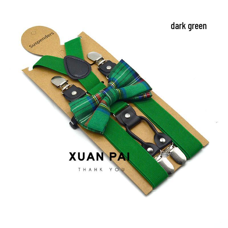 Adult Unisex 4-Clip Elastic Suspenders & Bow Tie Set, Non-Slip, Solid Color, 2.5cm