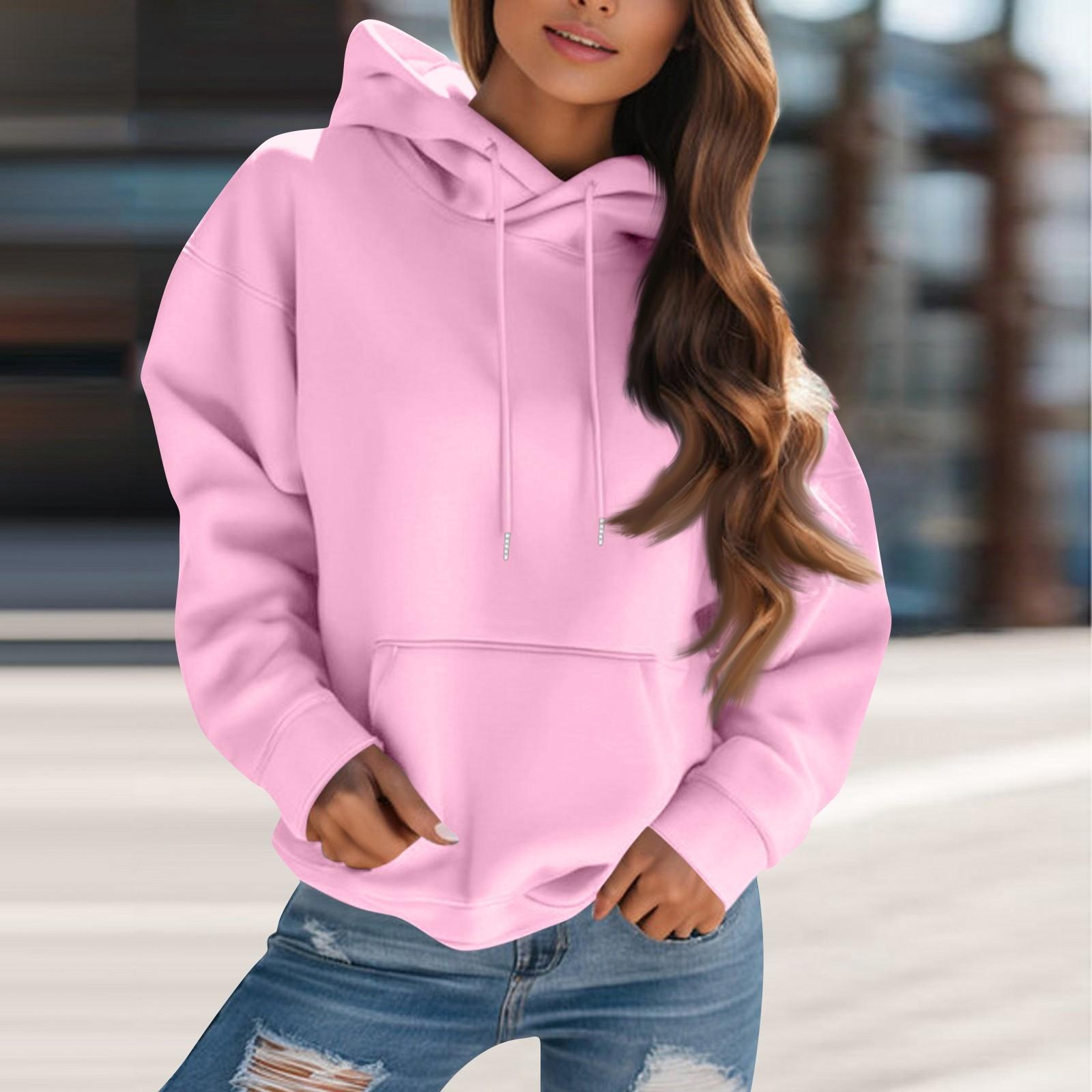 

Women s Fashion Solid Color Hooded Drawstring Long Sleeve Loose Pullover Sweatshirt Top XXL рожевий
