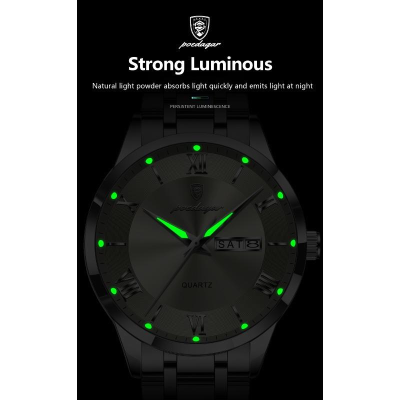 POEDAGAR Luxury Fashion Men Clock Waterproof Luminous Week Date Sports Wristwatch Stainless Steel Quartz Watches Reloj