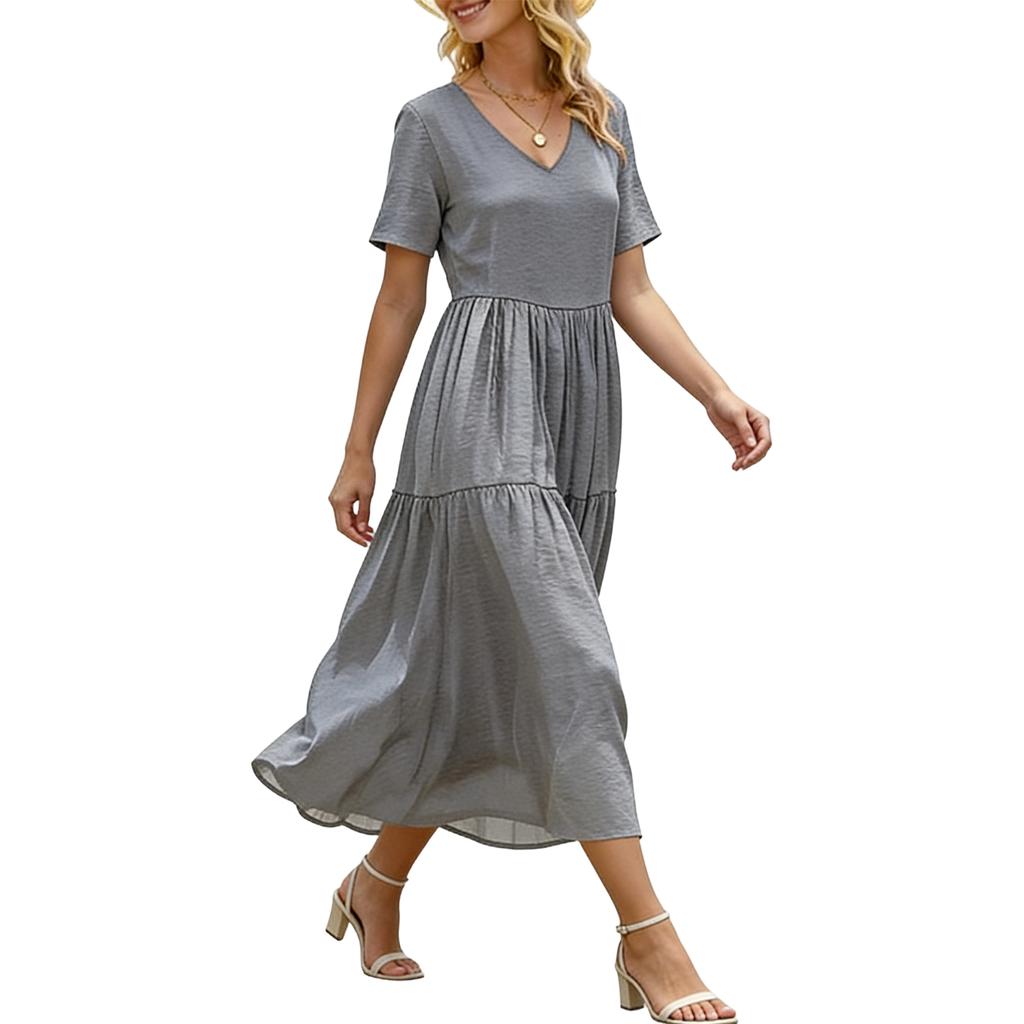 Women's Summer Dresses Casual Short Sleeve V Neck Beach Vacation Swing Dress with Pockets