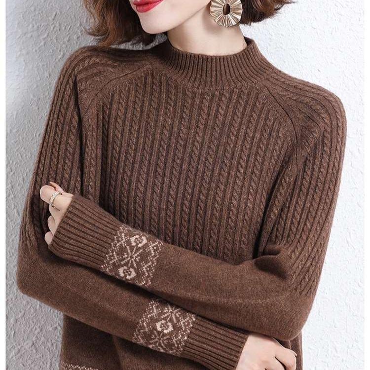 WTEMPO Suéter de punto para mujer Suéter de cuello medio Suéter de mamá suelto Suéter de manga larga de punto