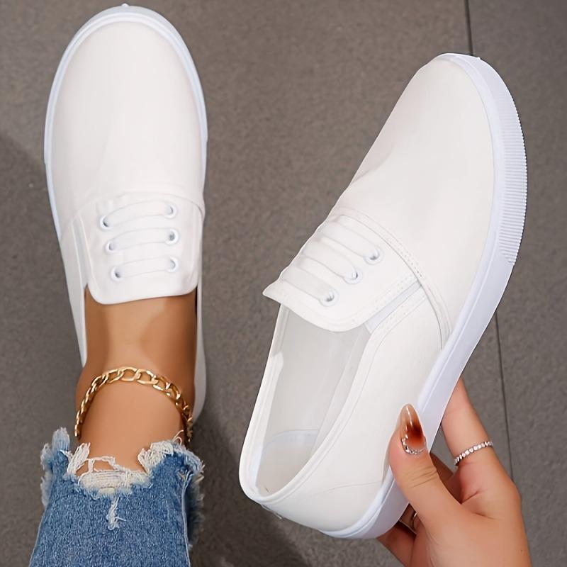 Women'S Solid Color Minimalist Sneakers, Slip On Lightweight Flat Soft Sole Shoes, Low-Top Comfort Daily White Shoes