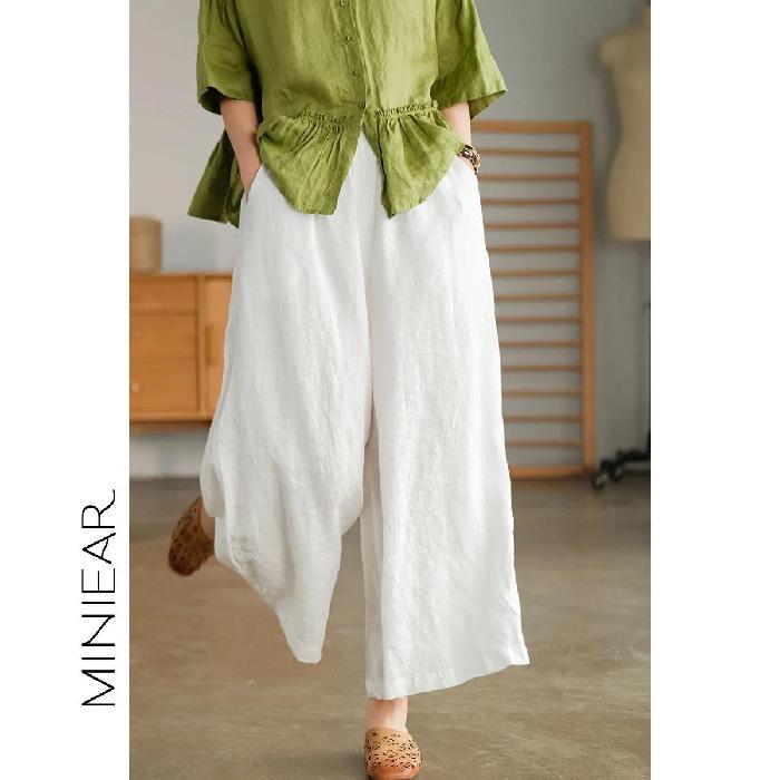 2022 Summer Plus Size Cotton Linen Wide-Leg Casual Pants - Breathable, Slimming, Artistic Design 4XL 80-90kg белый