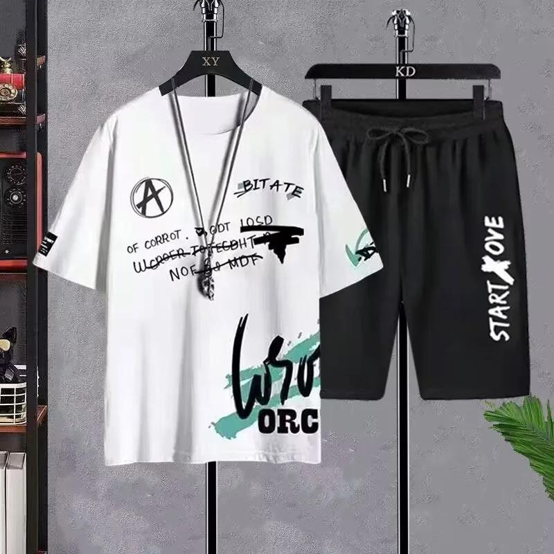 Yaz Yeni Erkek İki Parçalı Takım Rahat Tişört ve Şort Takımları Erkek Büyük Boy Spor Takım Elbise Moda Kısa Kollu Eşofman Altı
