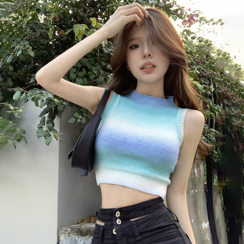 

Women s Top Gradient Korean Vest Sleeveless Slim Knitted Round Neck Women s Tank Tops