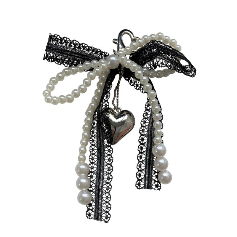 Elegant Lace Bows Keychain With Faux Pearls Detail For Women Girls Fashionable Bag Accessory Gift Alloy Keyring