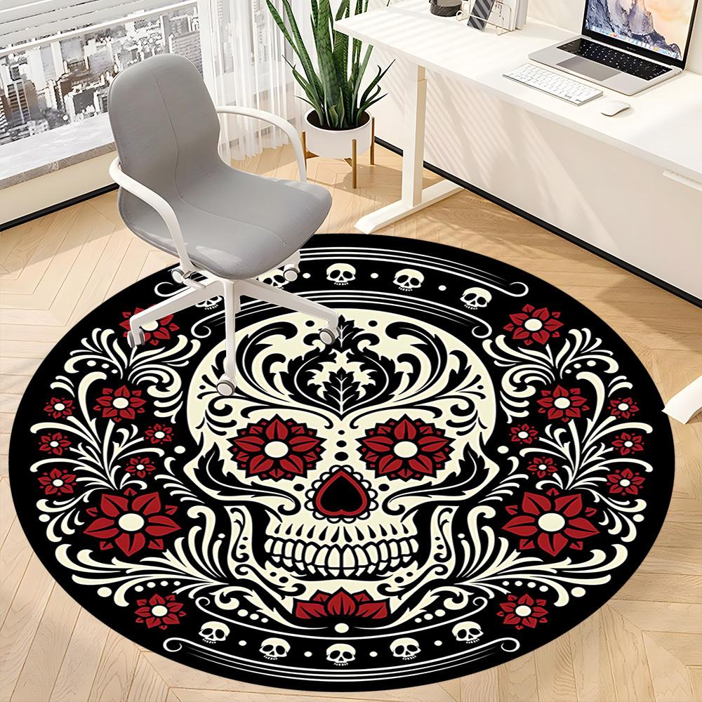 1pc Sugar Skull Day of the Dead Office Round Area Rug, Under Office Chairs Bedroom Living Room Home Decor, Room Deco, Available In Various Sizes