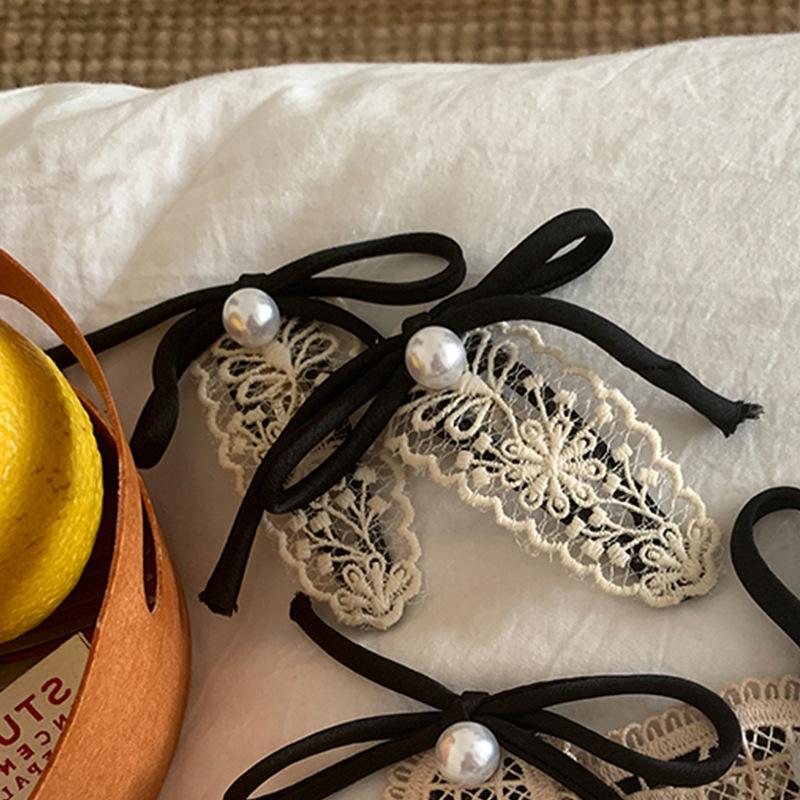 Lace Pearl Bow Hairpin Vintage Versatile Bangs Clip Hair Accessories Headdress Edge Clip