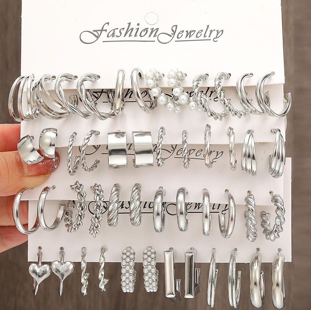 60 Stück/Set Modische Ohrringe Für Damen Boho Vintage Silberfarbe Geometrisches Design Perle Strass Steckerohrringe Schmuck Geschenke Neu