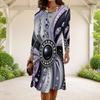 Women Plus Size Round Neck Long Sleeve Black Printed A Line Dress