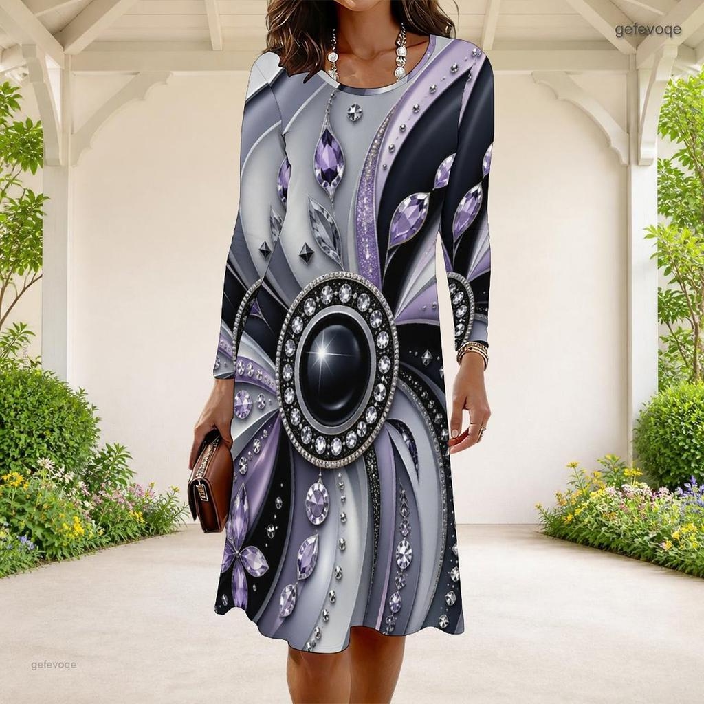 Women Plus Size Round Neck Long Sleeve Black Printed A Line Dress