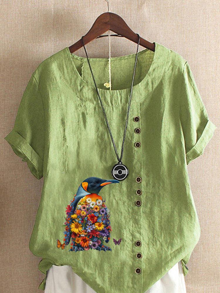 Women's Fashion Penguin Floral Print Round Neck Short Sleeve T-shirt Casual Cotton Linen Graphic Shirt Leisure Loose Summer Blouse Tops
