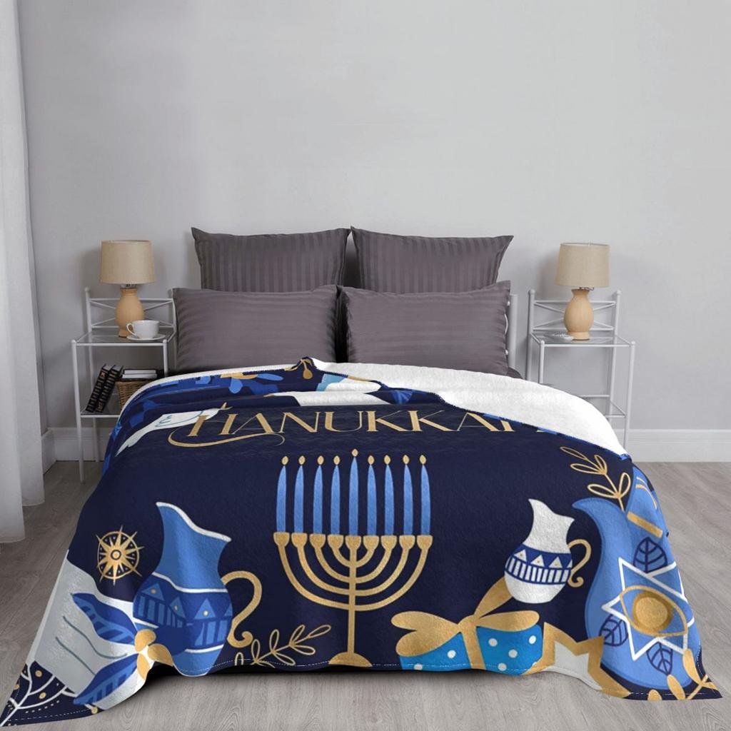 Happy Hanukkah Jewish Menorah Fleece Blanket Religious Funny Throw Blankets for Home Hotel Sofa 125*100cm Plush Thin Quilt