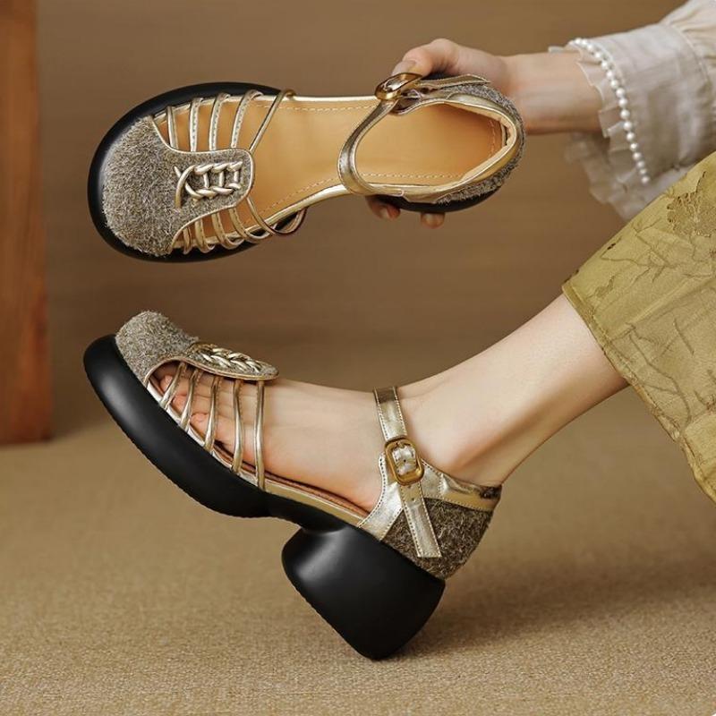 Genuine Leather Woman High Heel Sandals Summer Designer Classic Casual Shoes Street Senior Sexy Ladies Hollow Sandalias De Mujer