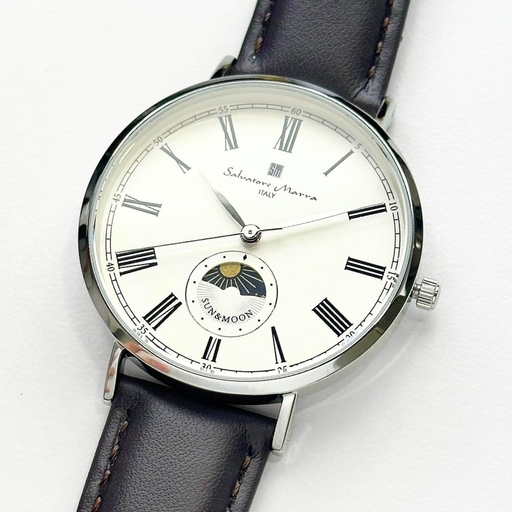 Salvatore Marra Sun & Moon Leather Gift Set Watch Men's White Dial Silver Case Genuine Leather Strap with Shopping Bag