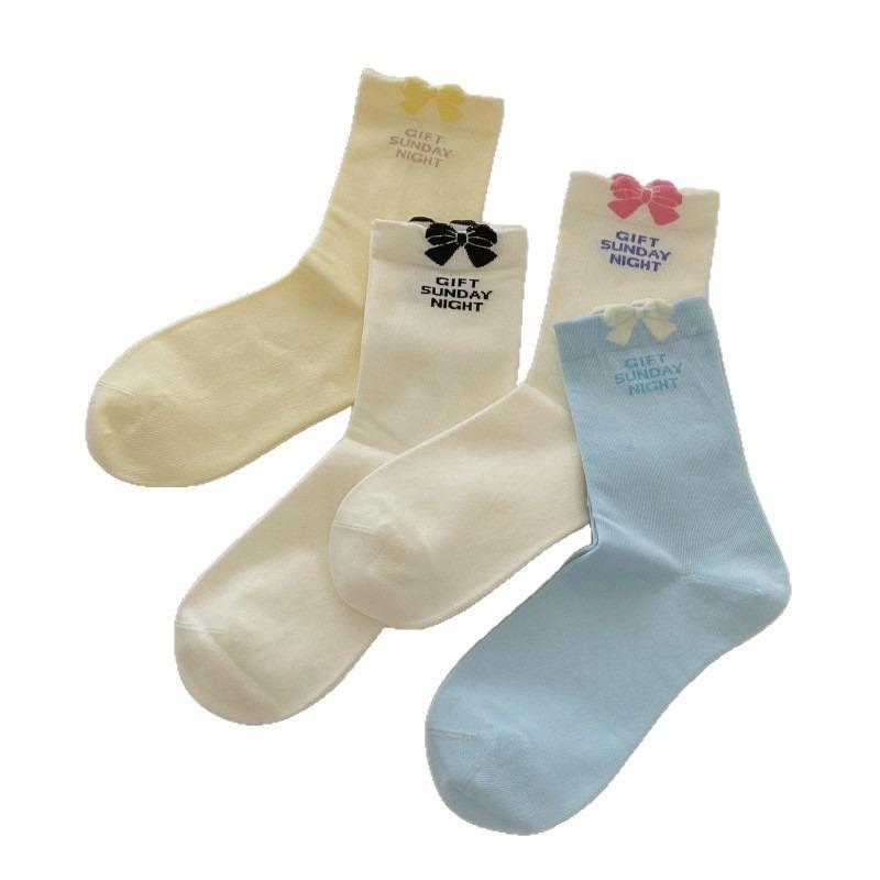 5 Pairs of Female Autumn Thin Stereotaxic Bow Boneless Thin White Pile Pile Cotton Socks