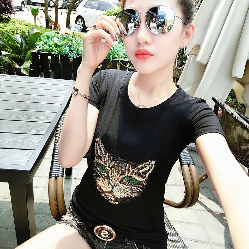 

Женская футболка с коротким рукавом из чистого хлопка, повседневная, суперпопулярная, большого размера, в западном стиле, с молодежным принтом кошачьей головы с пайетками и вышивкой, 100,00 кг Black 3XL