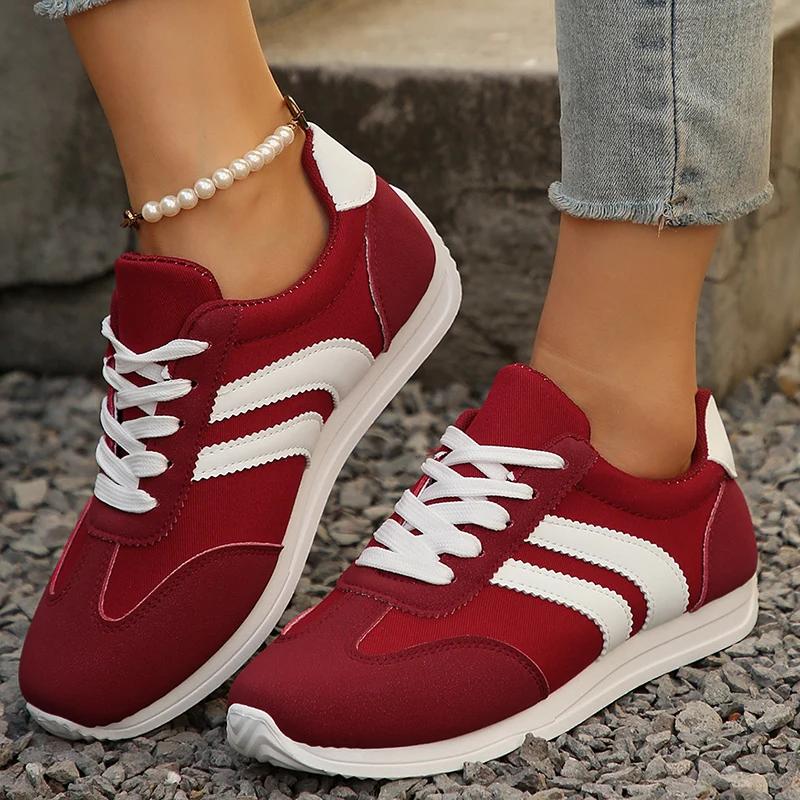 Fashion Women's Fashion White Striped Breathable Sneakers Lightweight Non Slip Sports Shoes for Women Red Green Lace Up Casual Sneakers