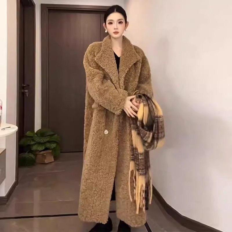 Winter New Suit Collar Lamb Wool Coat Women's Thickened Fur Integrated Long Fur Loose Coat Over the Knee