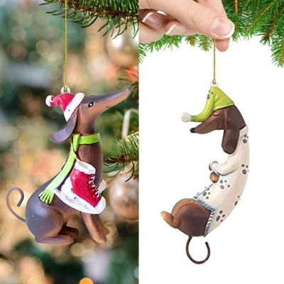 Flat Christmas Dachshund Dog Ornament Acrylic Christmas Tree Hanging Ornaments Car Pendant   Home AVE
