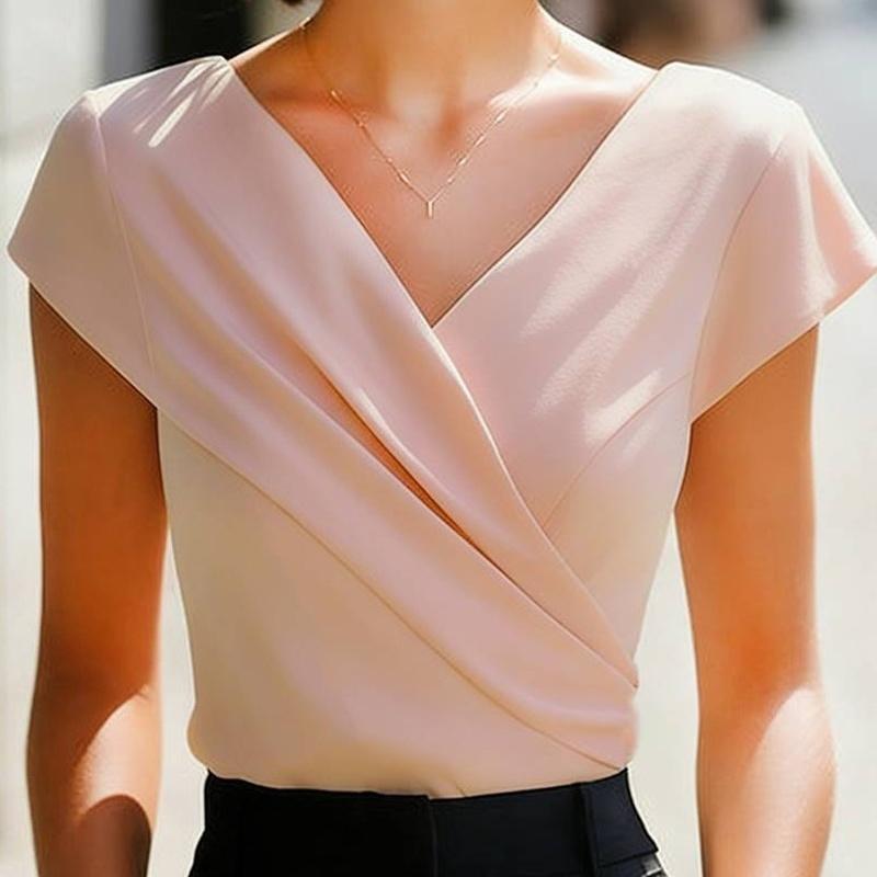 European Style Summer Elegant Slim Fit Versatile V-Neck Short Sleeve Women Clothing XXL
