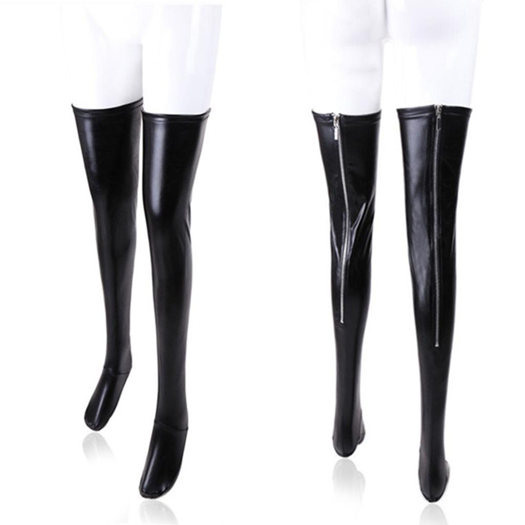 Women Sexy Latex Zipper Anti-Slip Stockings Lady's Black PVC Pole Dance Leather Erotic Clubwear Length Over Knee High Stockings