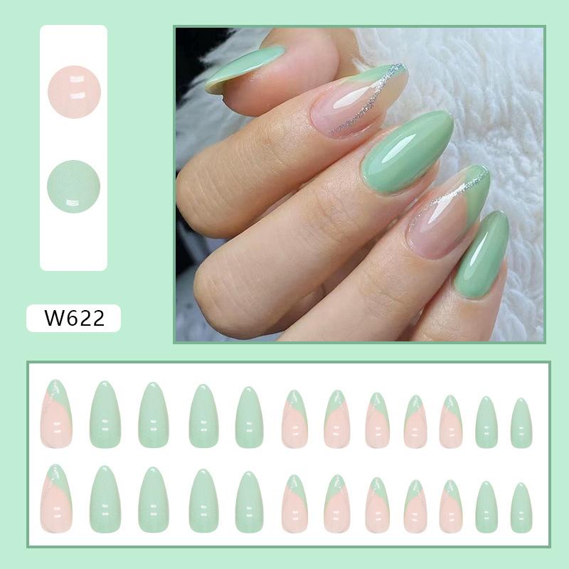 Simple solid color tender green European and American almond nail style fashion gold powder French wearing nail piece