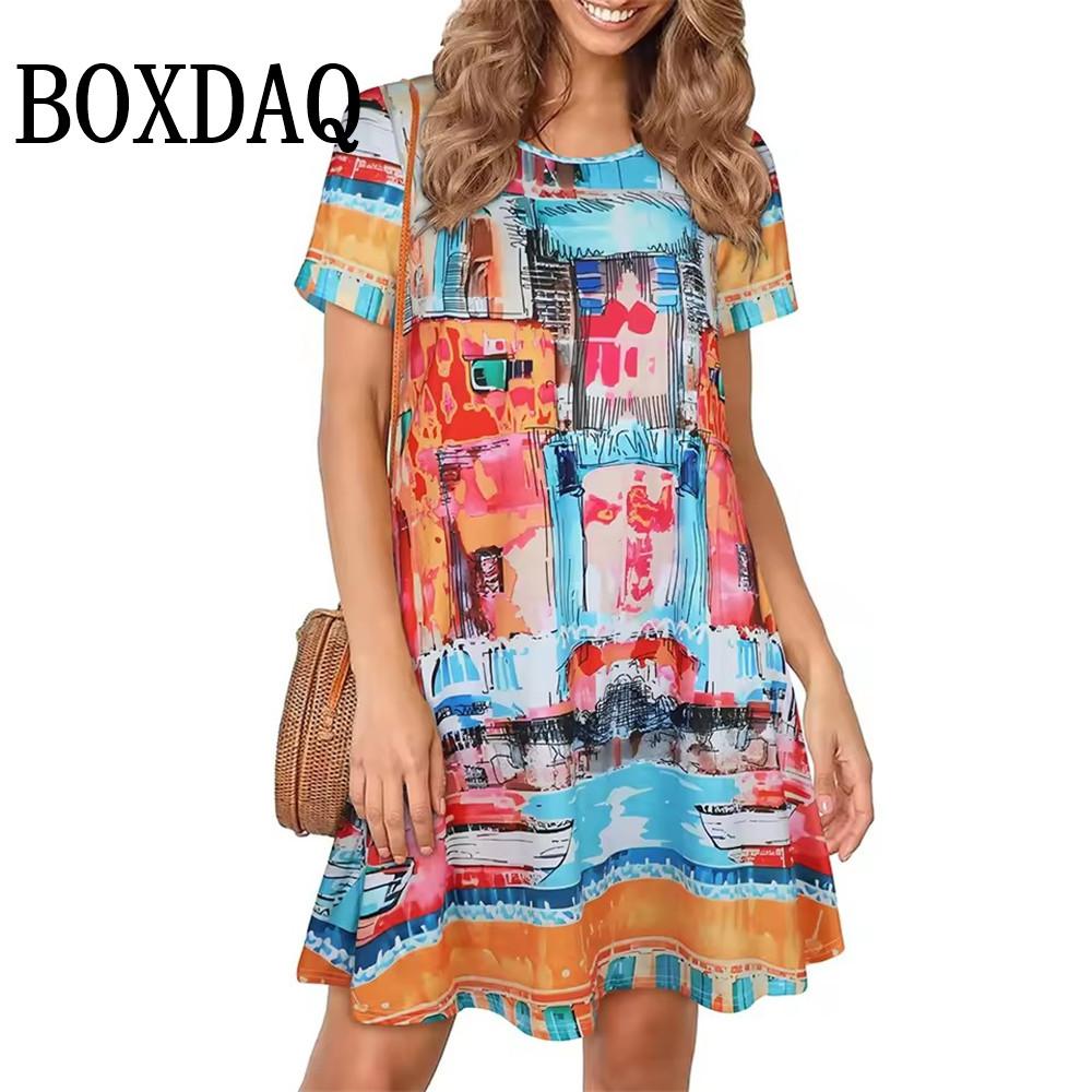 Vintage O Neck Floral Dress Womens Vintage Short Sleeve Summer A-Line Elegant Party Dresses Ladies Casual Loose Bohemian Dresses