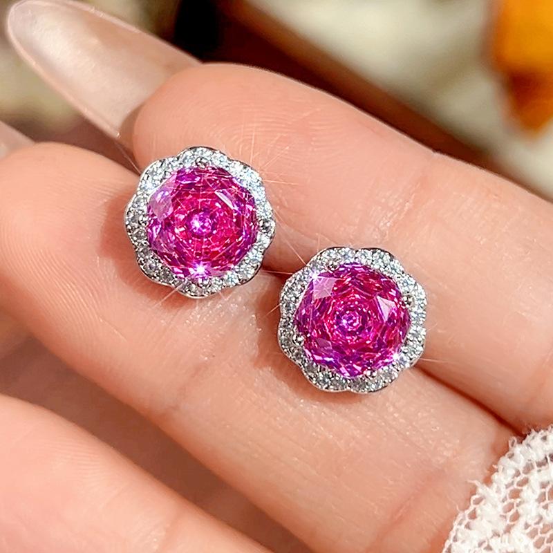 Set, Stud Earrings, Necklace, Ring, Octagonal Millennial Rose, Cut Rose Red, Simple And Versatile Piece For Women