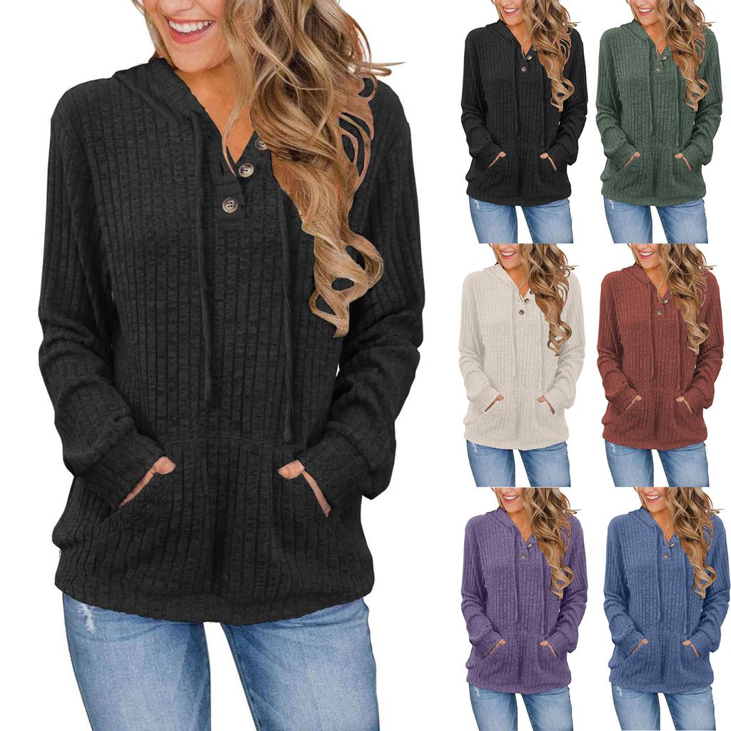 Women's Fashion Long Sleeve Solid Color  Casual Ribbed Button Hoodie Top