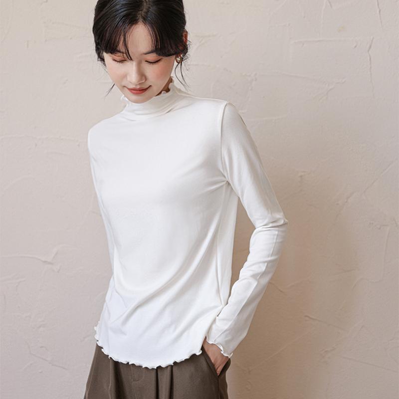 Tricou de bază cu guler înalt pe jumătate cu bordură ondulată Femei Primăvară Toamnă Modal Slim Fit Mânecă Lungă Tricou Dama Topuri Casual Elegante Femeie Tricouri Albe 25424