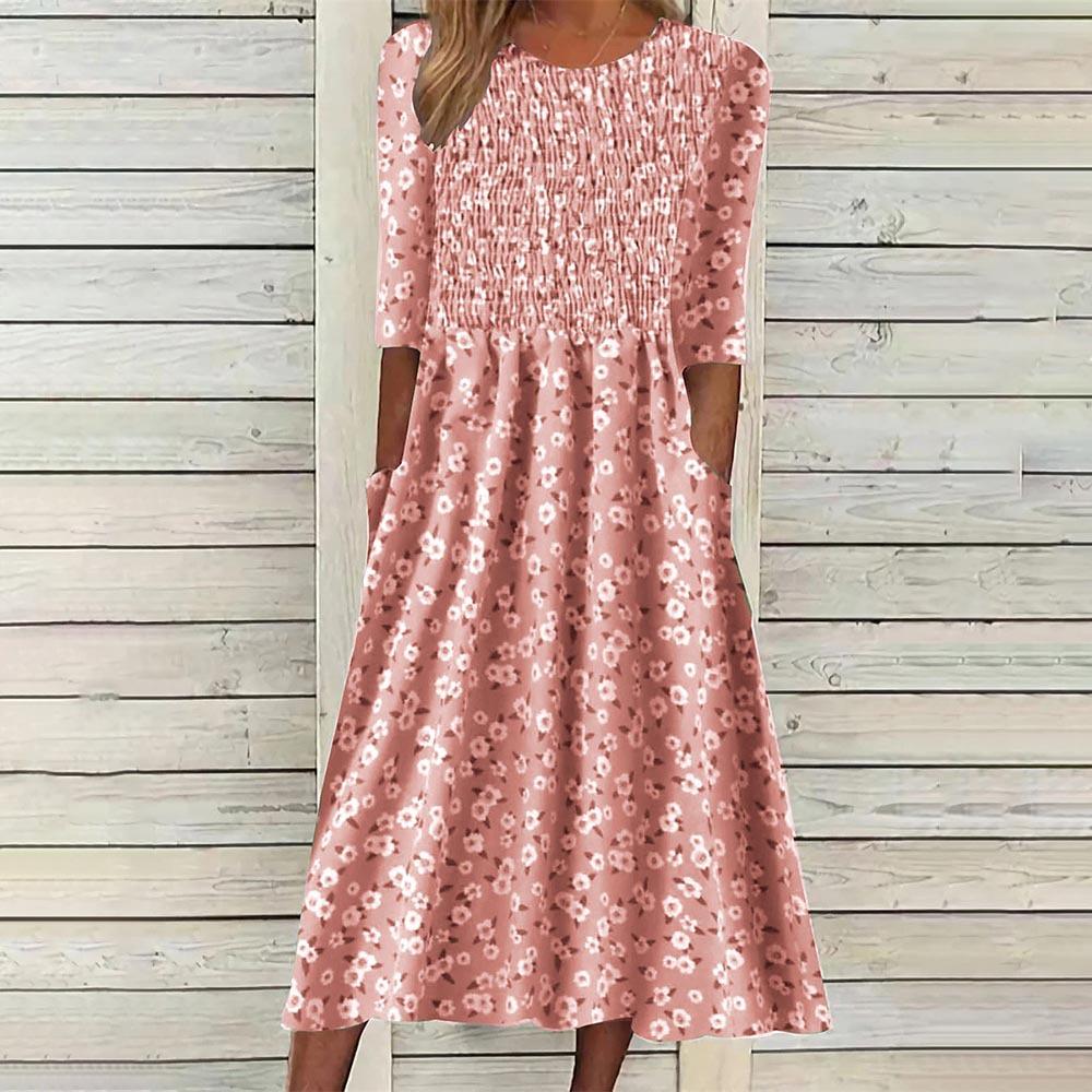 

Женское миди-платье с цветочным принтом, оборками, рукавами 3/4, боковыми карманами, повседневное летнее платье S розовый
