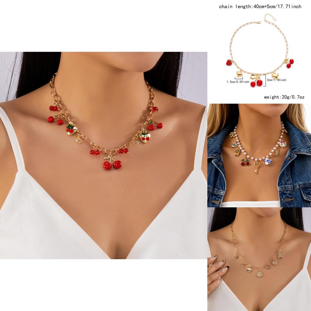 Bracelet Chaîne Pendentif Cœur d'Amour Cerise Avec Chaîne de Perles Pour Femmes Style Été