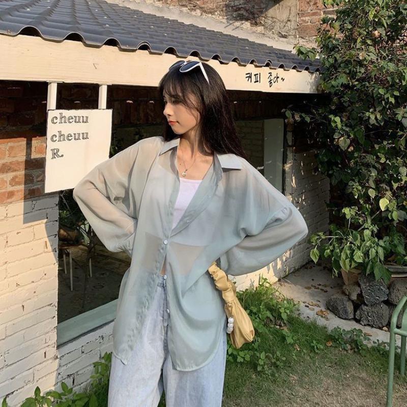WTEMPO Chiffon Shirt Women Summer Thin Sun Protection Shirt Solid Casual Top StreetWear Versatile Shirt Vintage Female Clothing