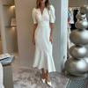 Casual White Patchwork Dresses Woman Fashion V-Neck Half Sleeve Button Dresses Elegant High Waisted Ruffled Midi Dress