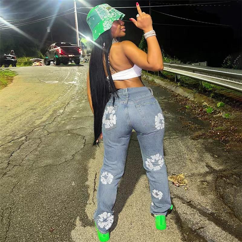 Unisex Y2K Kapok Muster Jeans Retro Street Bedruckte Lange Denim Hose Revers Knopf Jeans Straight Pants Damen Freizeithose