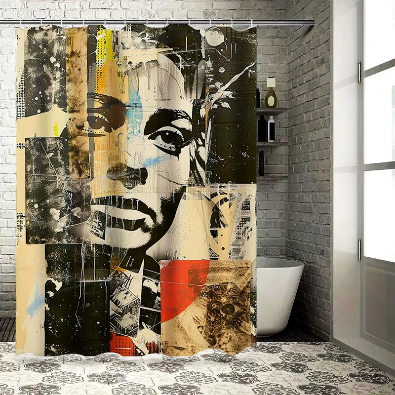

Modern Abstract Print Shower Curtain Black And Beige Color Blocks With Woman S Face Design Bathroom Decor For Home Decoration In W60H190(CM)-1 Pcs