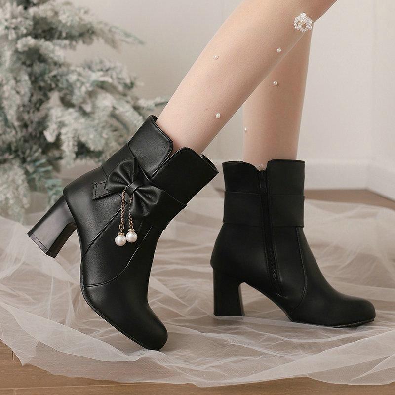 Short Boots Autumn and Winter New Sweet High Heels Thick Heel Martin Boots Women's Short Boots Women's Boots Medium Heel Short Boots Women's Shoes