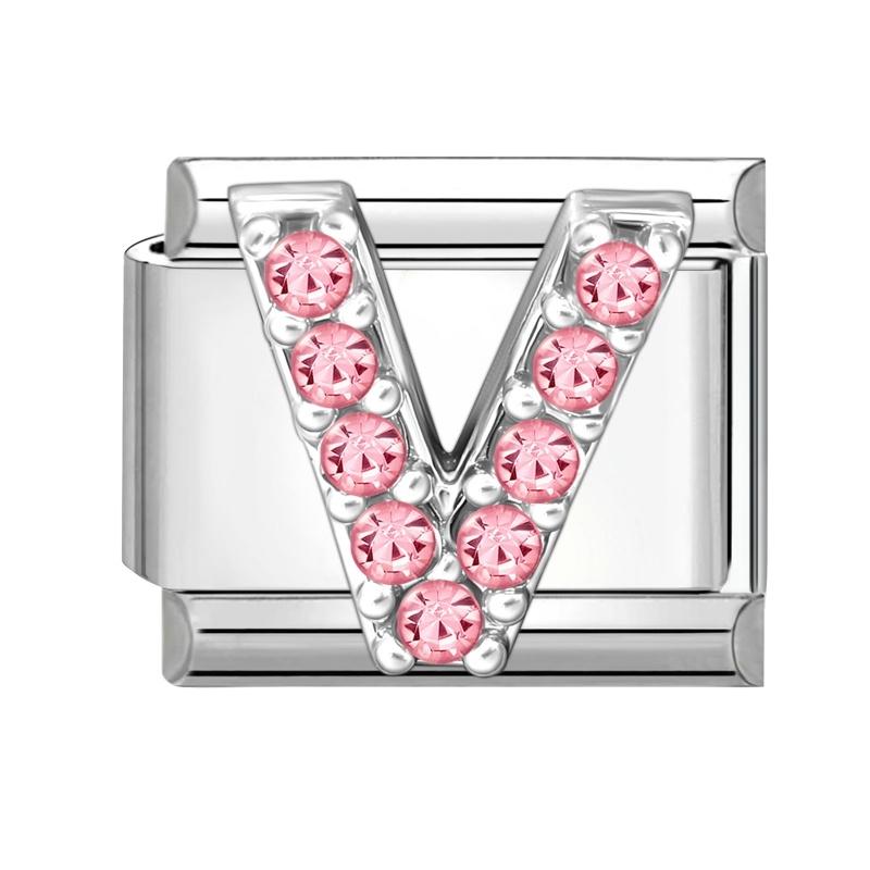 1pz Micro Intarsiato Zirconia Rosa Full Zircone 26 Lettere Inglesi Fascino Italiano Adatto Bracciale in Acciaio Inossidabile da 9mm Gioielli Fai da Te