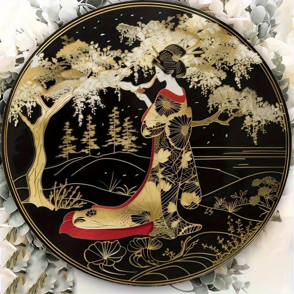 2d Flat 20*20cm, Round Wooden Wall Sign, Japanese Kimono Decorative, Paper Cuttings Decorations, Entrance Decor Gift, for Bar, Cafe, Home, Wall Decor.