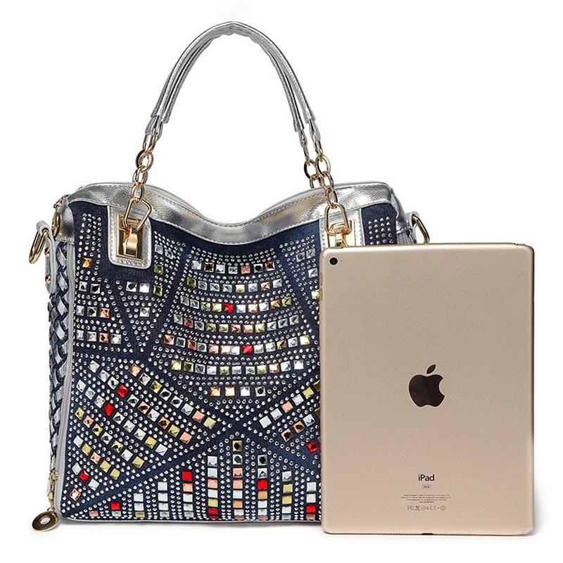 Women's 2024 Denim Canvas Rhinestone Shoulder & Crossbody Tote Handbag