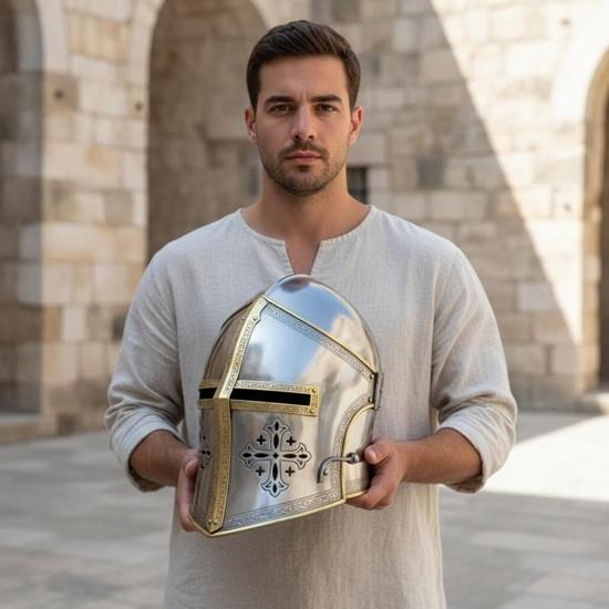Elmo da Cavaliere Medievale a Croce, Elmo Barbuta in Ottone e Acciaio, Elmo Crociato Templare, per LARP Cosplay, Regalo per Fiera Rinascimentale