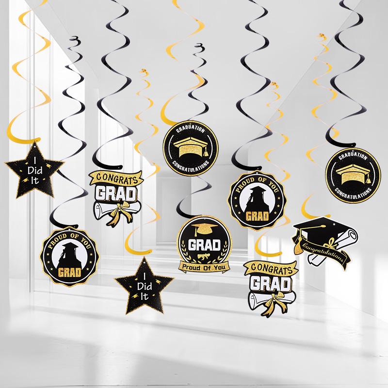 2026 Graduation Party Paper Banner Garland Hanging Spirals Gold Black Latex Balloon Class of 2026 Honeycomb Ornament Decoration