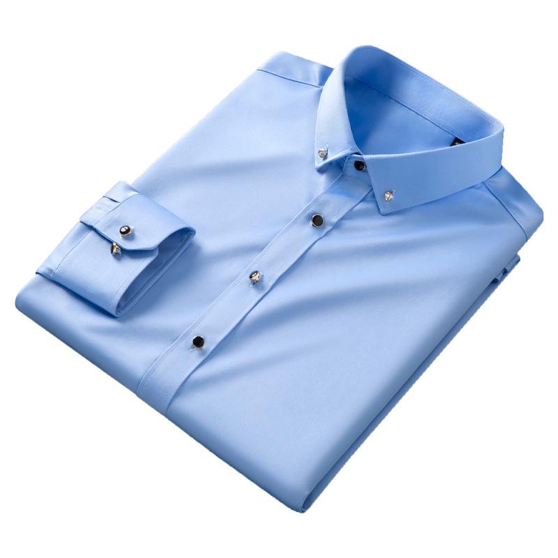 Trendy Iron-Free Slim Fit Mulberry Silk Shirt with Rhinestone Buttons and Turn-Down Collar