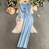 Spring Autumn Women Elegant Knitted Sweater Office Two Piece Set V-neck 3D Flower Pullover Tops and Long Maxi Sheath Skirt Outfits